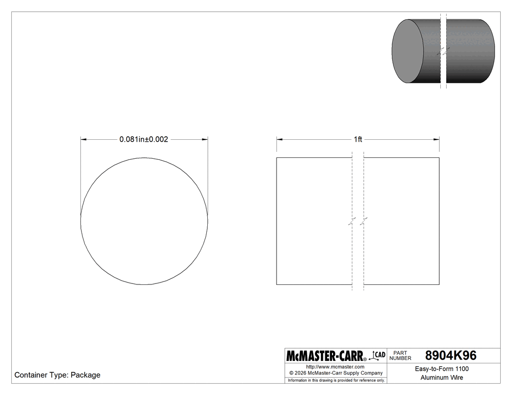 Technical Drawing of Easy-to-Form 1100 Aluminum Wire, 0.081" Diameter, 1 Foot Long.